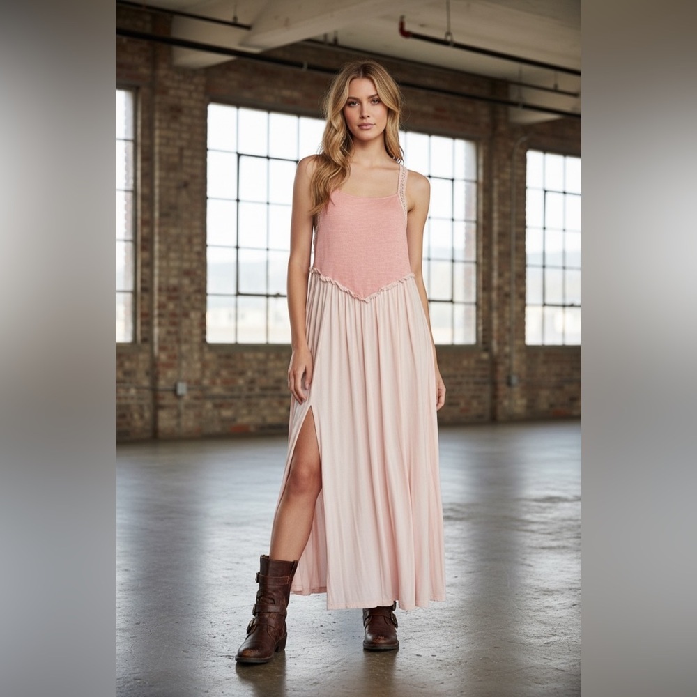 NWT POL Slit Crochet Strap Sleeveless Blush Maxi Dress - Picture 2 of 8